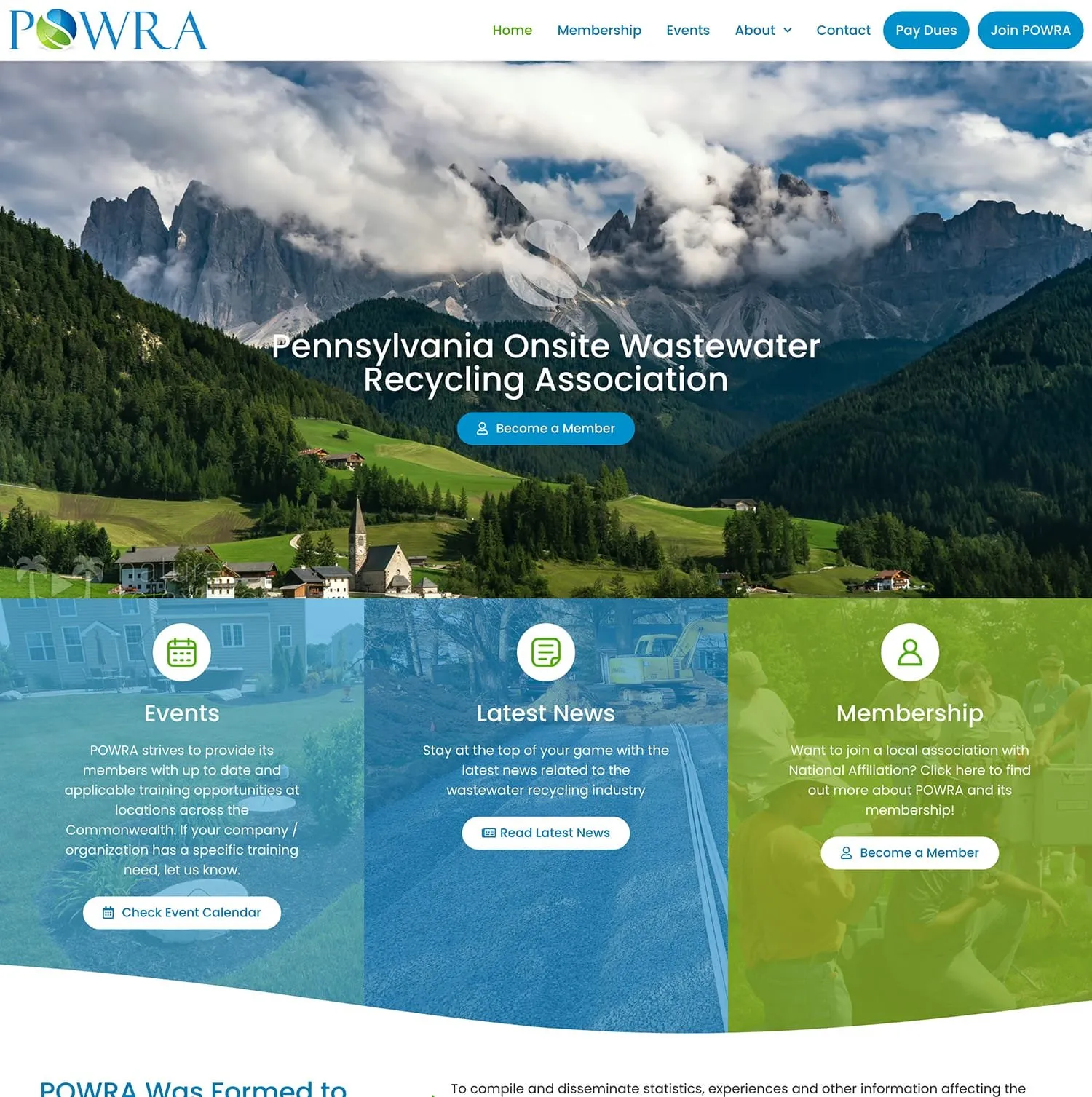 POWRA homepage — alpine valley landscape behind the title “Pennsylvania Onsite Wastewater Recycling Association,” above three color-blocked panels for Events, Latest News, and Membership
