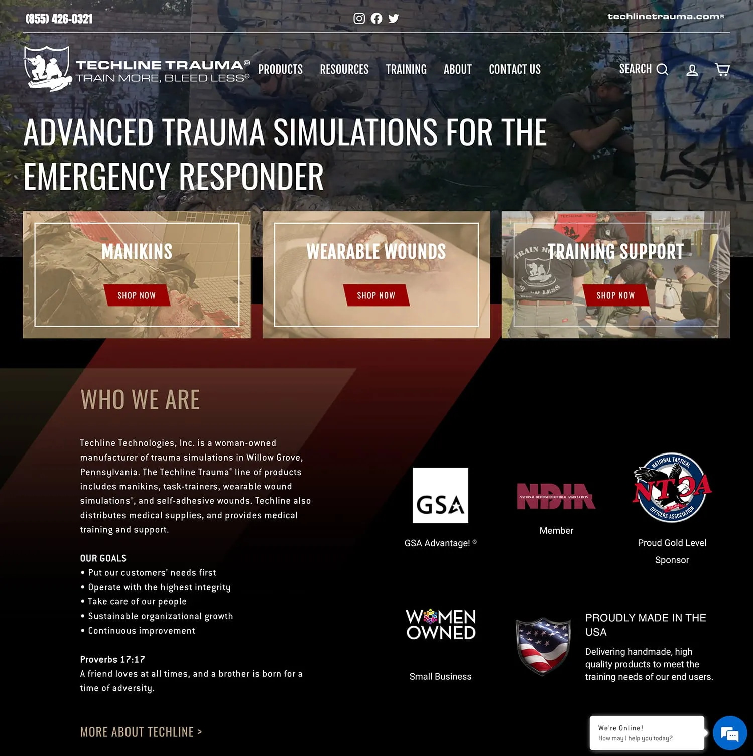 Techline Trauma homepage — a tactical training scene behind the headline “Advanced Trauma Simulations for the Emergency Responder,” above shop tiles for Manikins, Wearable Wounds, and Training Support and a Who We Are section