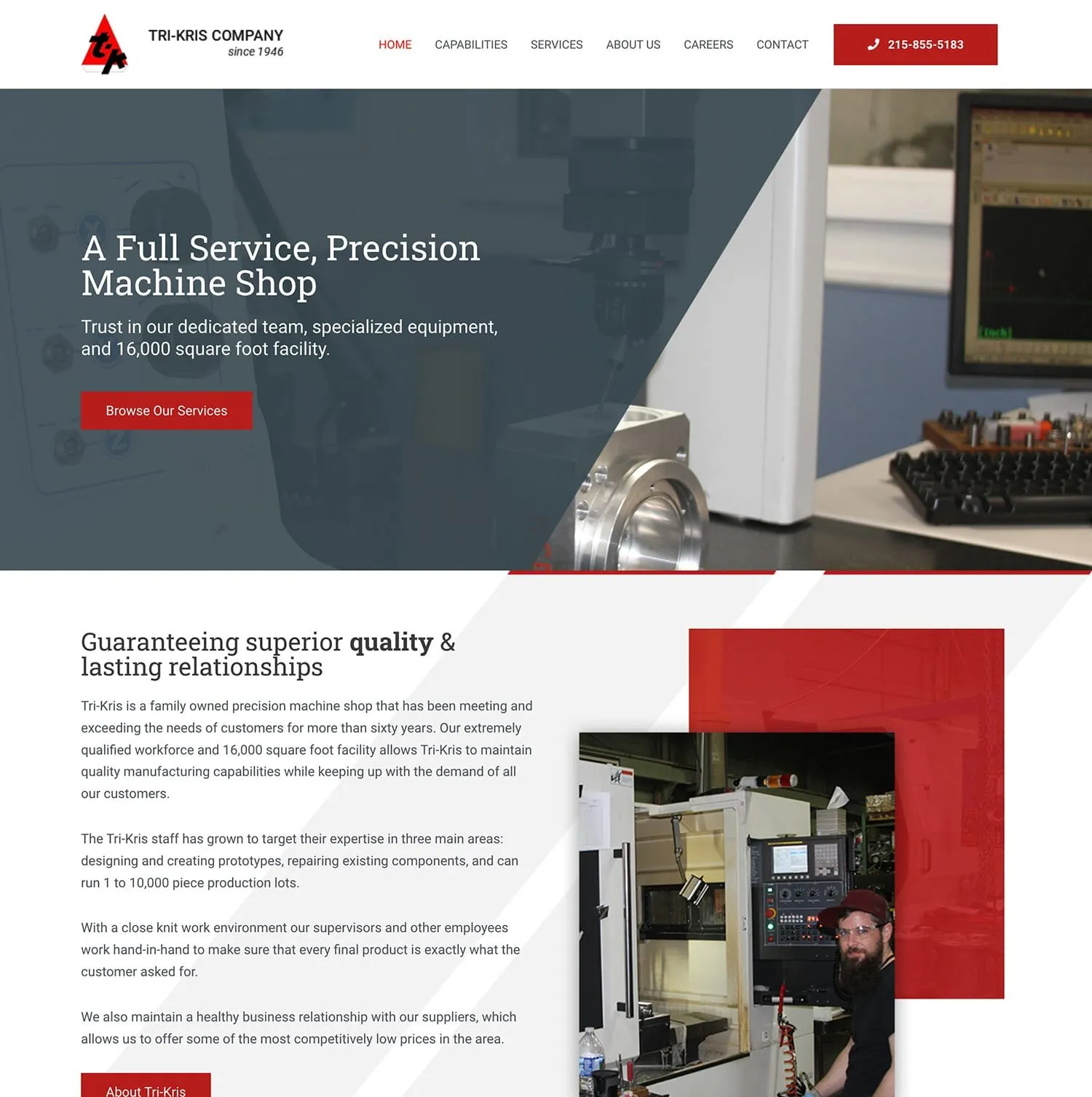 Tri-Kris Company homepage — machine shop photo behind the headline “A Full Service, Precision Machine Shop” with a red Browse Our Services button, above a section on quality and lasting relationships